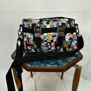 Tokidoki Crossbody Satchel Purse Black Multicolor Cartoon Print Shoulder Bag